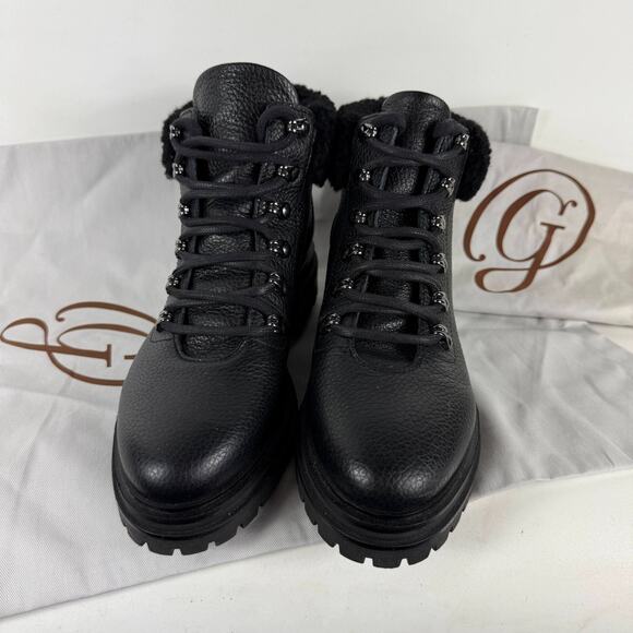 M. Gemi Alpi Combat Boots Women's 8 Black Leather Shearling Fur Trim Lace Up - Picture 4 of 10